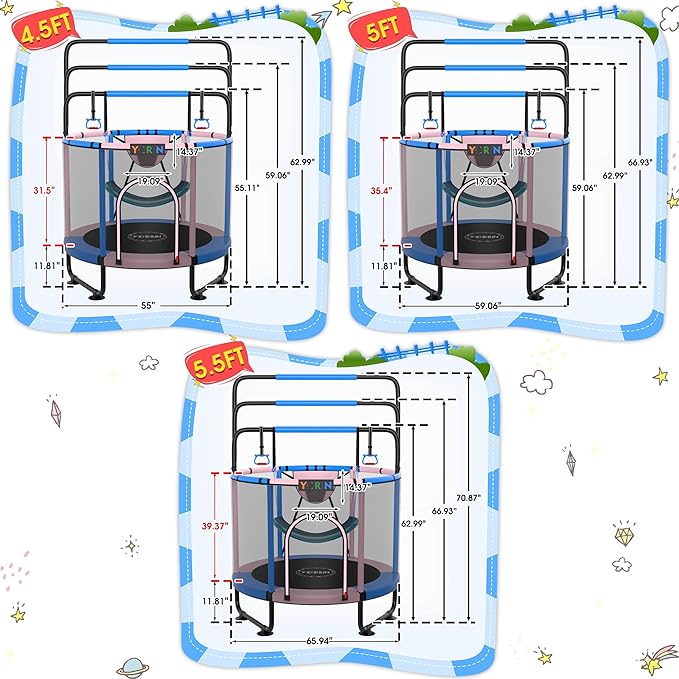 YORIN Trampoline for Kids 66'' 60'' 55'' Toddler Mini Small Trampoline Outdoor Indoor Trampoline W Basketball Hoop, Swing, Adjustable Gymnastics Bar, Gift for Baby, Toddlers & Kids