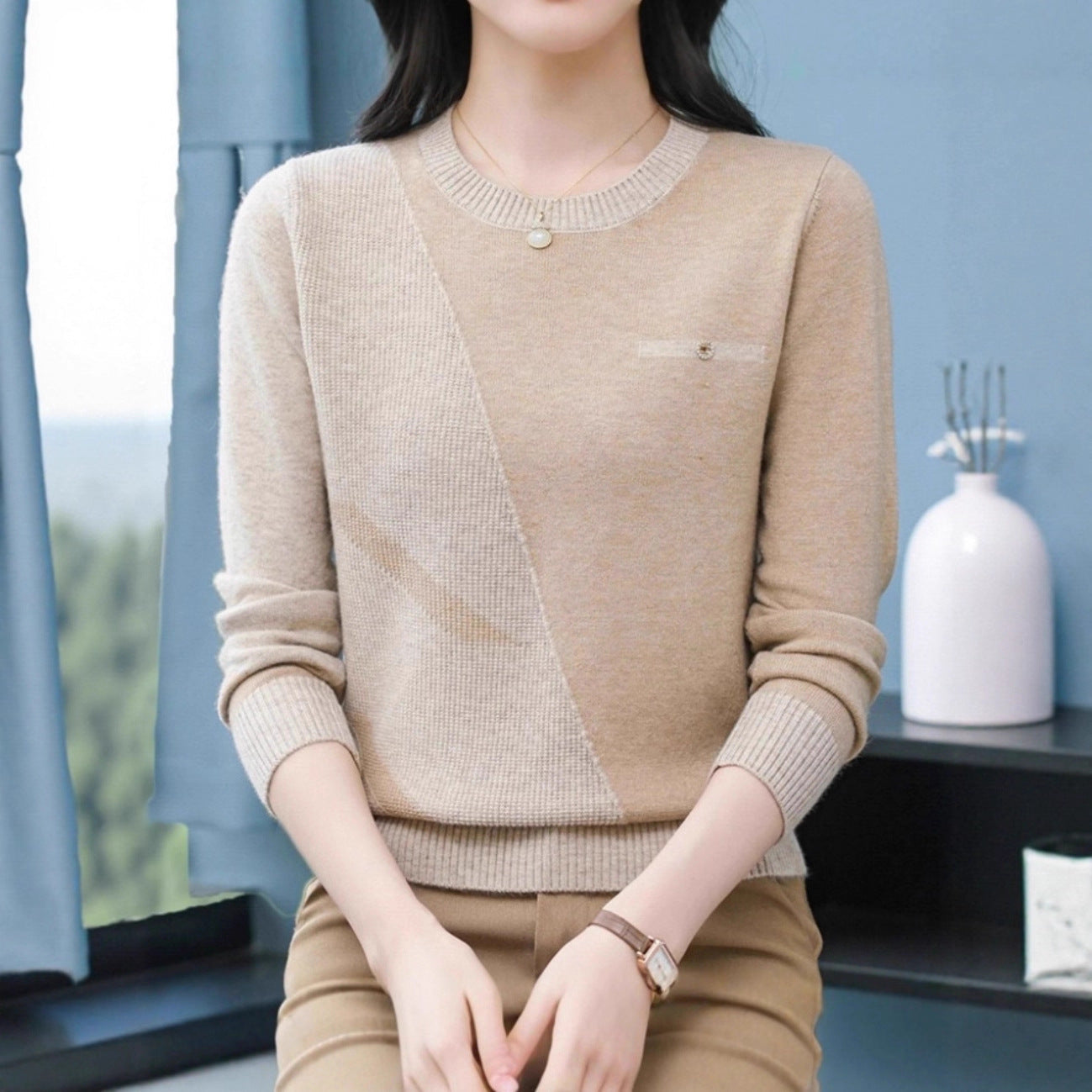 Womens Crew-neck Pullover Knit Top