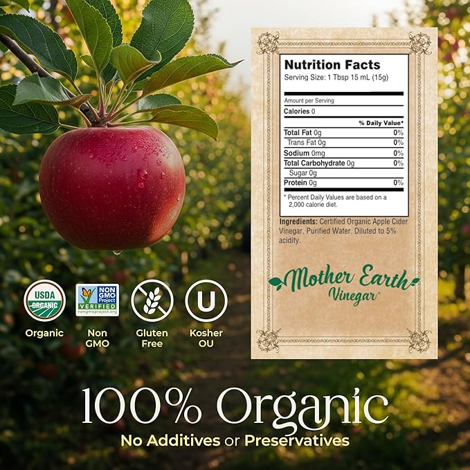 Mother Earth, Organic Apple Cider Vinegar with The Mother, Fresh Pressed Organic Apples, OACV, ACV, Raw, Unpasteurized, Unfiltered (1/32oz Glass Bottle)