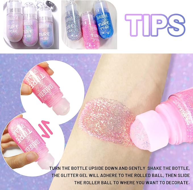 DAGEDA Body Glitter Gel, Roll-on Face Glitter for Mermaid Makeup Festival Rave Accessories, Holographic Hair Glitter Gel,Body Shimmer Halloween Makeup for Rave Party (Silver)