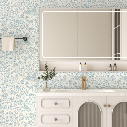 HELLKIT Peel Stick Wallpaper Blue Beige Bird 17.3x78.8in Vinyl Roll
