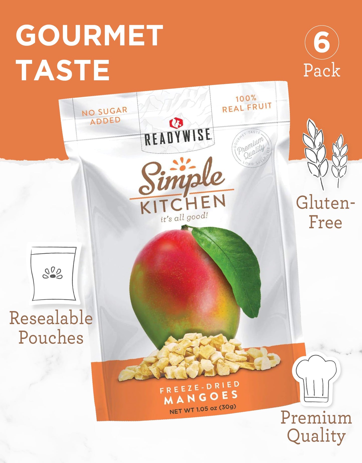 READYWISE - Simple Kitchen, Freeze-Dried Peaches, 1.16 oz, Pack of 6, Vegetarian, Gluten Free, Snacks, Peaches, Dried Fruit, Pre Workout, Healthy Snacks, Camping, Backpacking, Survival Food