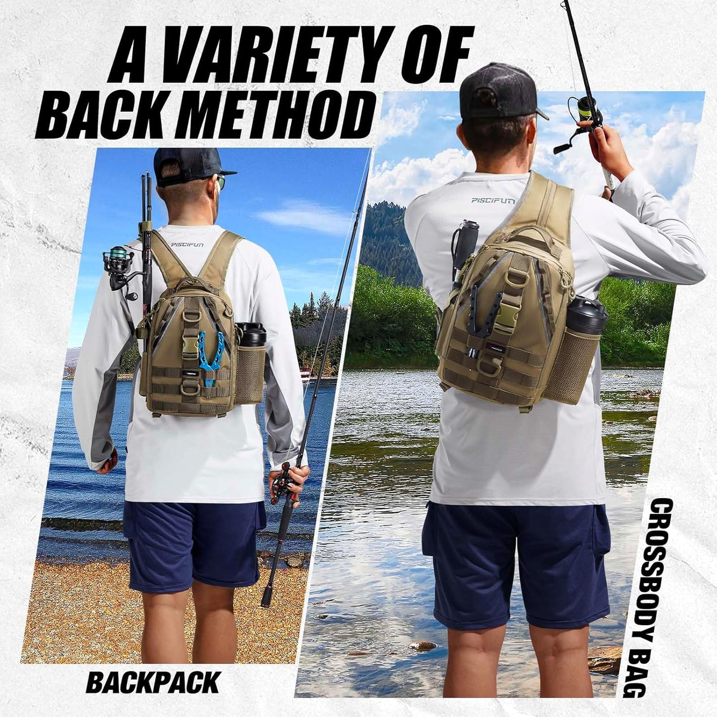 Piscifun Fishing Backpack with Rod Holder, Lightweight Sling Bag Storge Gear and Equipment
