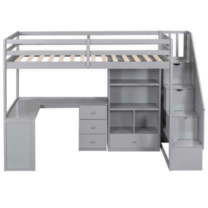 Gray Twin Size Loft Bed with L-Shaped Desk, Drawers, Cabinet and Storage Stai...