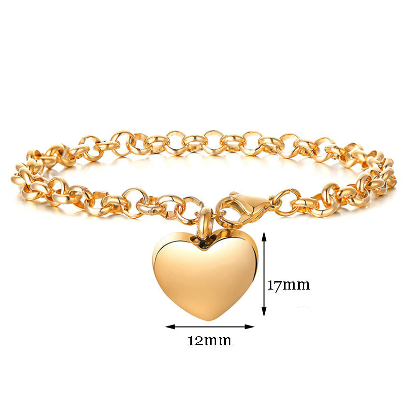 European And American-style Stainless Steel Round Pearl Chain Bracelet With A Heart Shape
