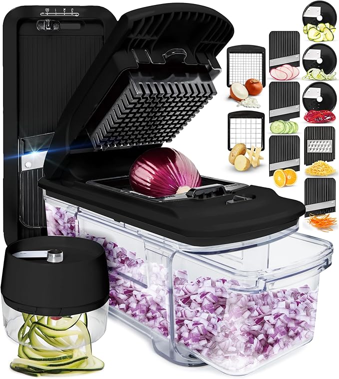 Fullstar All-in-1 Vegetable Chopper and Mandoline Slicer for Kitchen - Cheese Grater, French Fry Cutter, Cheese Slicer - Bonus Handheld Spiralizer Included (6 in 1, Black)