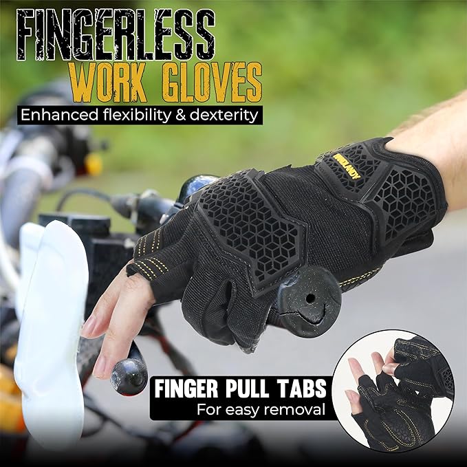 HANDLANDY Fingerless Framer Work Gloves for Men, Utility Grip Paded Gloves for Tactical Shooting Airsoft Hunting Driving (Black- 3 Fingerless, X-Large (Pack of 1))