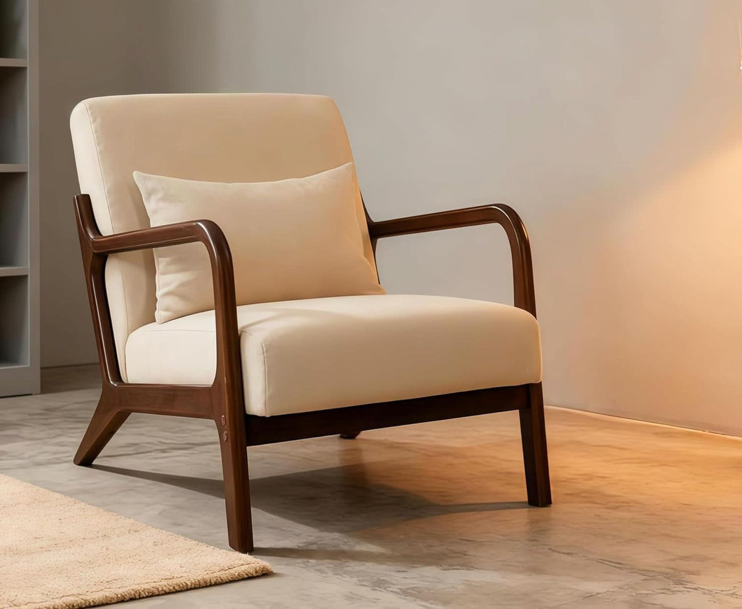 White Linen Upholstered Armchair With Premium Wood