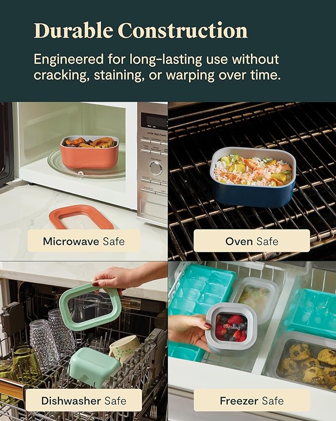 Caraway 6pc Glass Food Storage Set - 2.6 Cup Storage Containers For Food (6) - Non-Toxic Ceramic-Coated Glass - Air Release Technology - Compact & Stackable Design - Sage