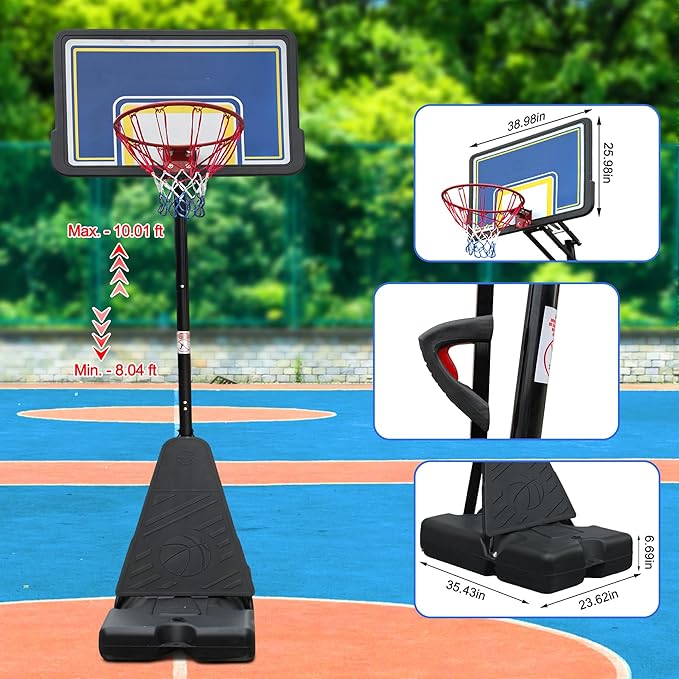Portable Basketball Hoop with Stable Base, Basketball Hoop Goal System for Teens Adults, Heavy-Duty Steel, Adjustable Height, Easy to Move, Outdoor & Indoor Use