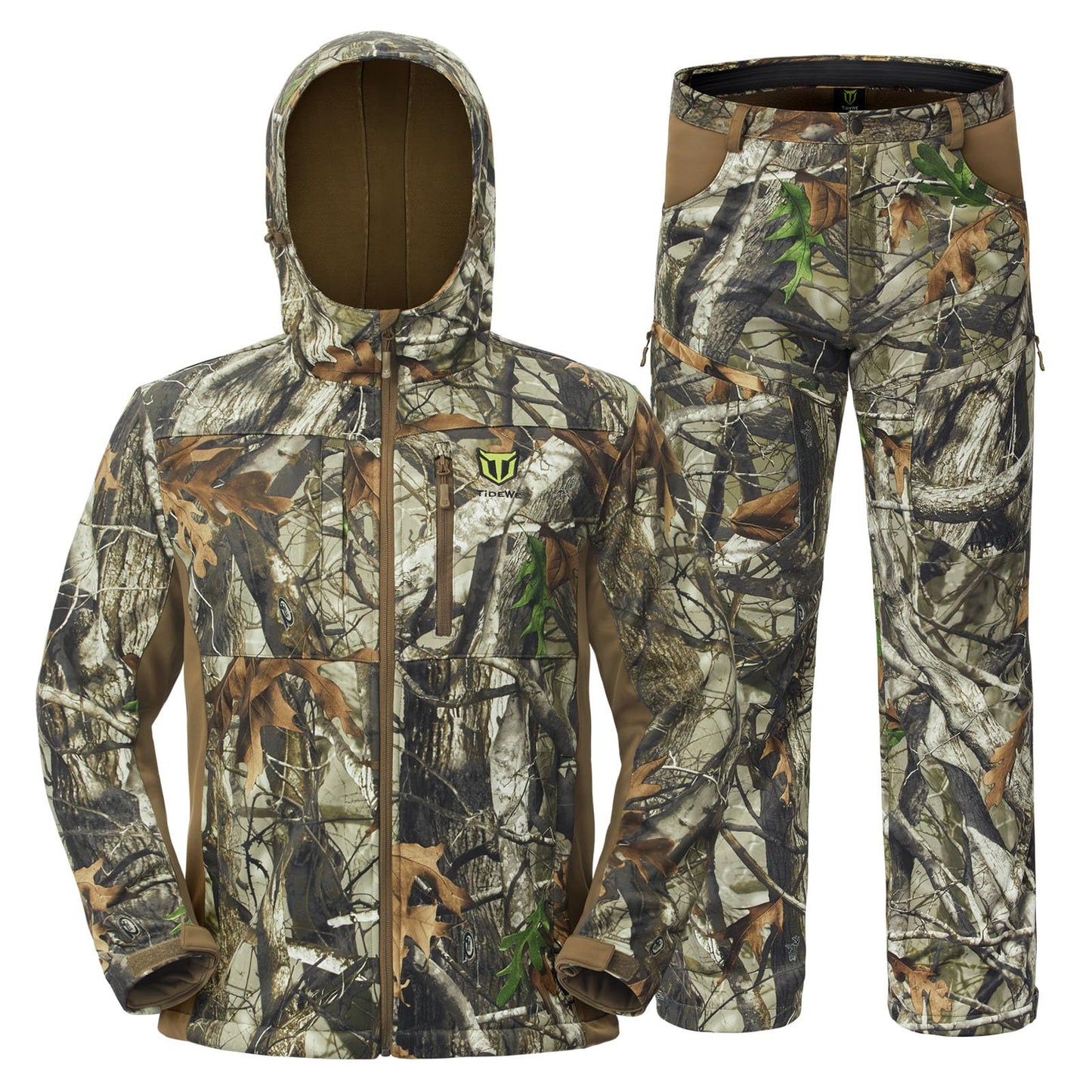 TIDEWE Hunting Clothes for Men with Fleece Lining, Safety Strap Compatible Water Resistant Silent Hunting Jacket and Pants