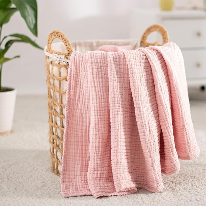Carriediosa 100% Cotton Muslin Throw Blanket 90" X 90" Queen Size，4-Layers Summer Gauze Throws for Bed Couch，Soft Lightweight Breathable Linen Blankets Bedspread for Adults All Season，Dusty Pink