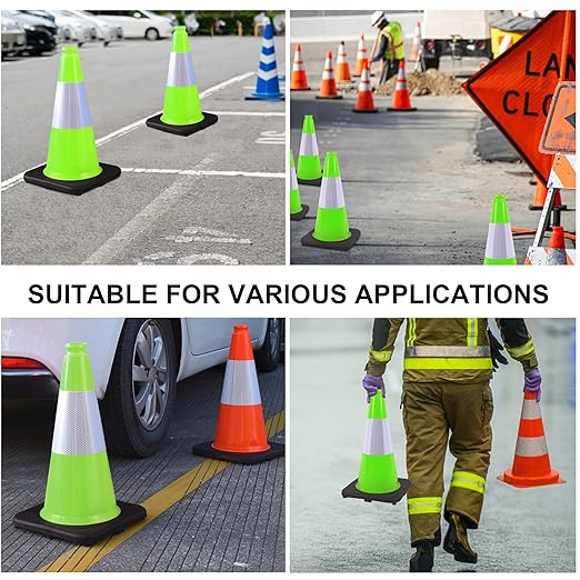 OrangeStar 6-Pack 18" Traffic Cones with Weighted Rubber Base, 6" Reflective Collar, Green Safety Cones for Parking Lot, Road Construction, Warehouse, Highway, Weatherproof PVC