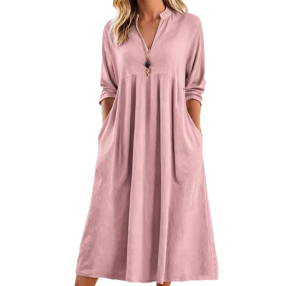 Womens Relaxed-fit Vintage Cotton-Linen Long-Sleeve V-Neck Dress With Pockets