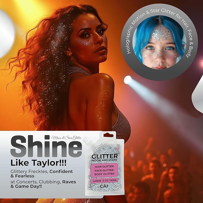 Hair Glitter Gel – Body Glitter for Kids and Women – Iridescent Holograph Cosmetic-Grade Gel w/Moon & Stars for Hair, Body & Face, Applies Smoothly w/o Glue & Washes Off Easily, 3 Oz - Silver 1Pack