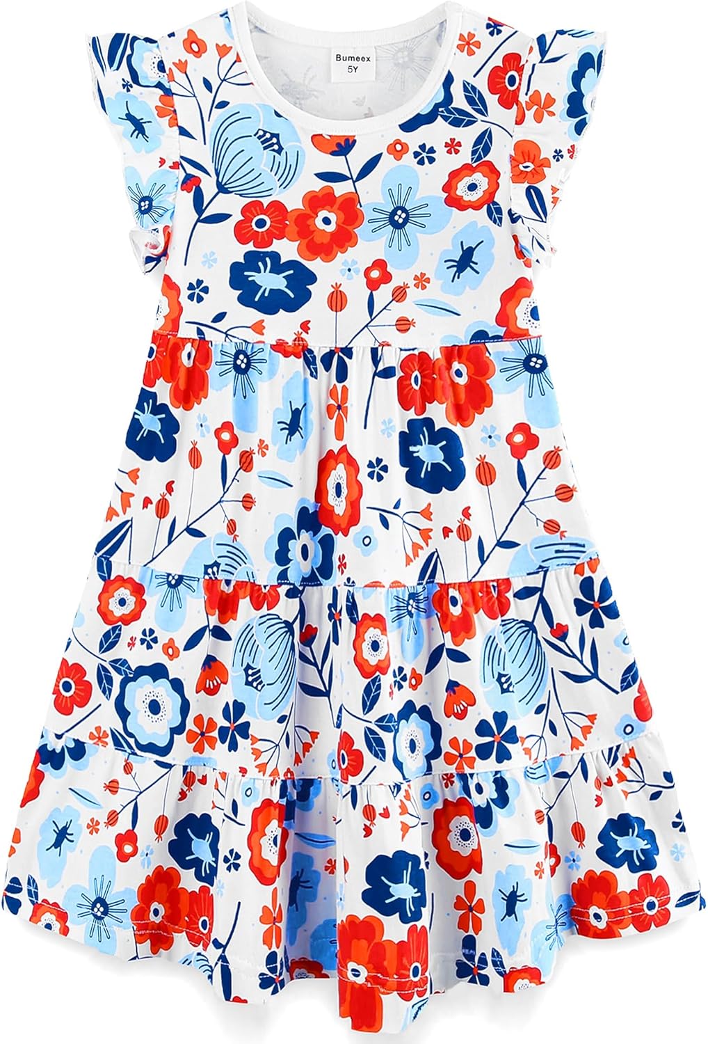 Girls Cotton Dress - Ruffle Sleeve Tiered A-Line Midi Sundress
