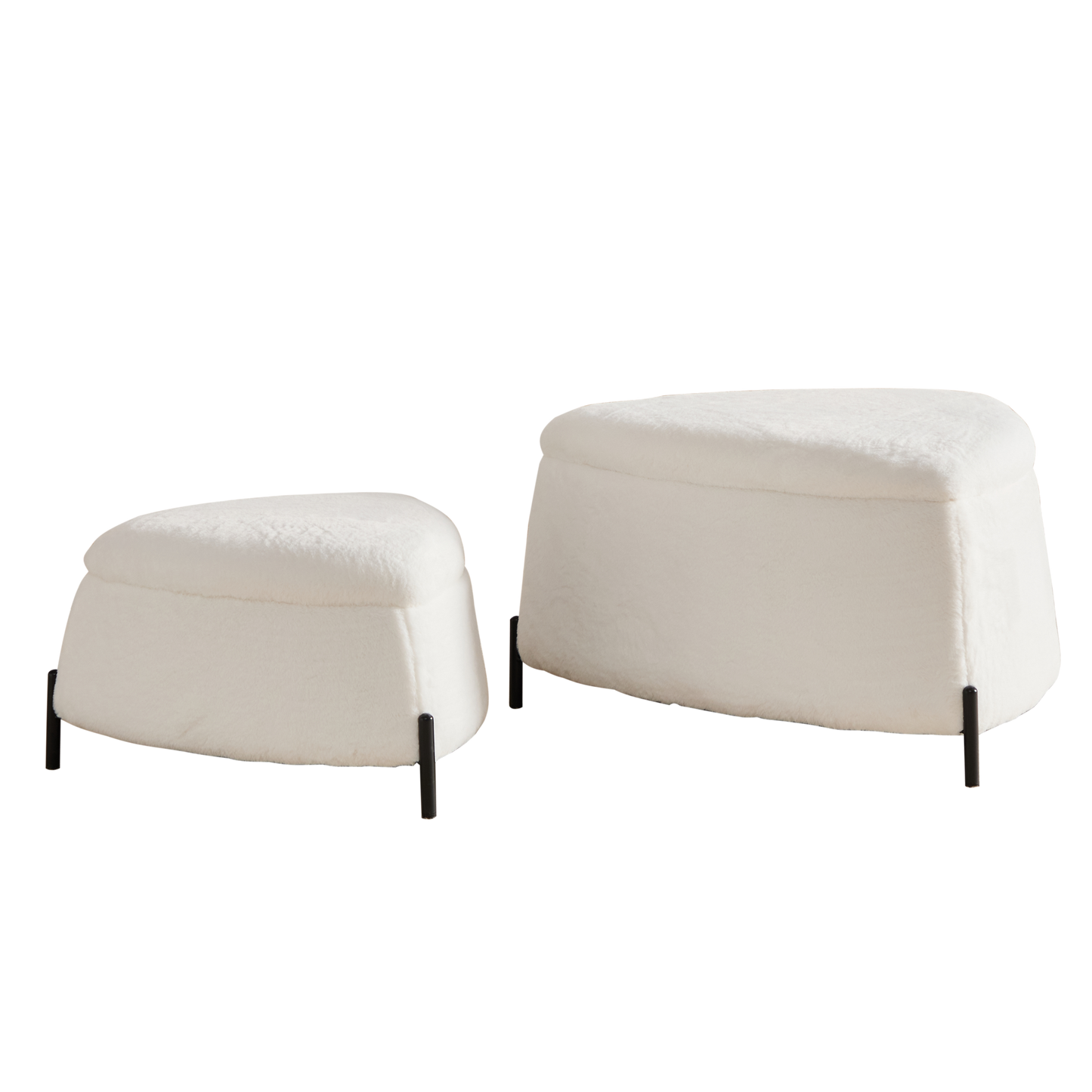 Ivory Faux Fur Upholstered Storage Ottoman Set with Metal Legs