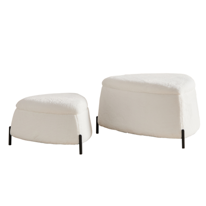 Ivory Faux Fur Upholstered Storage Ottoman Set with Metal Legs