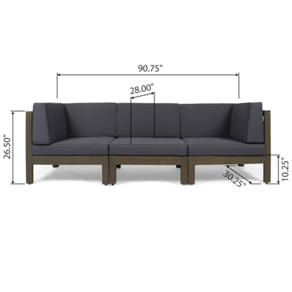 Contemporary 3-Piece Sofa Set with Water Resistant Cushions, Dark Grey, Acacia Wood Frame