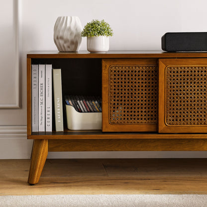 TV Stand Mid-Century Boho Rattan MDF Brown Ebony Sliding Door Fits 65 In TV
