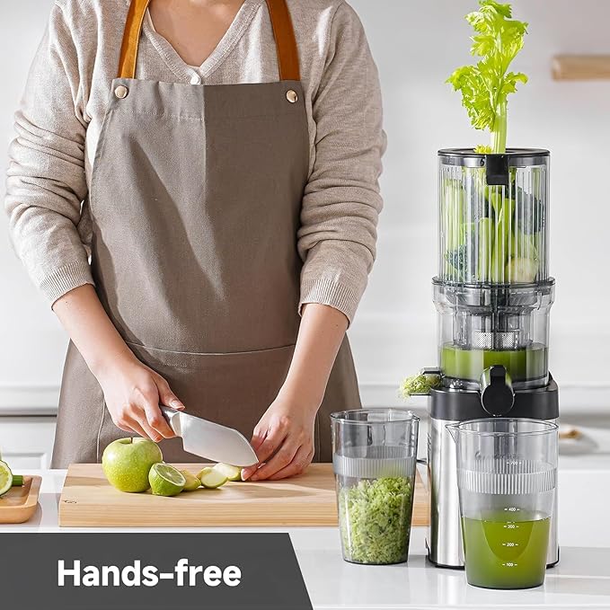 AMZCHEF Cold Press Juicer, Juicer Machines - 4.6" Large Feed Chute for Whole Fruits & Vegetables, Stainless Steel Slow Masticating Juicer Easy to Clean, Large Auger, Double Strainers, Silver