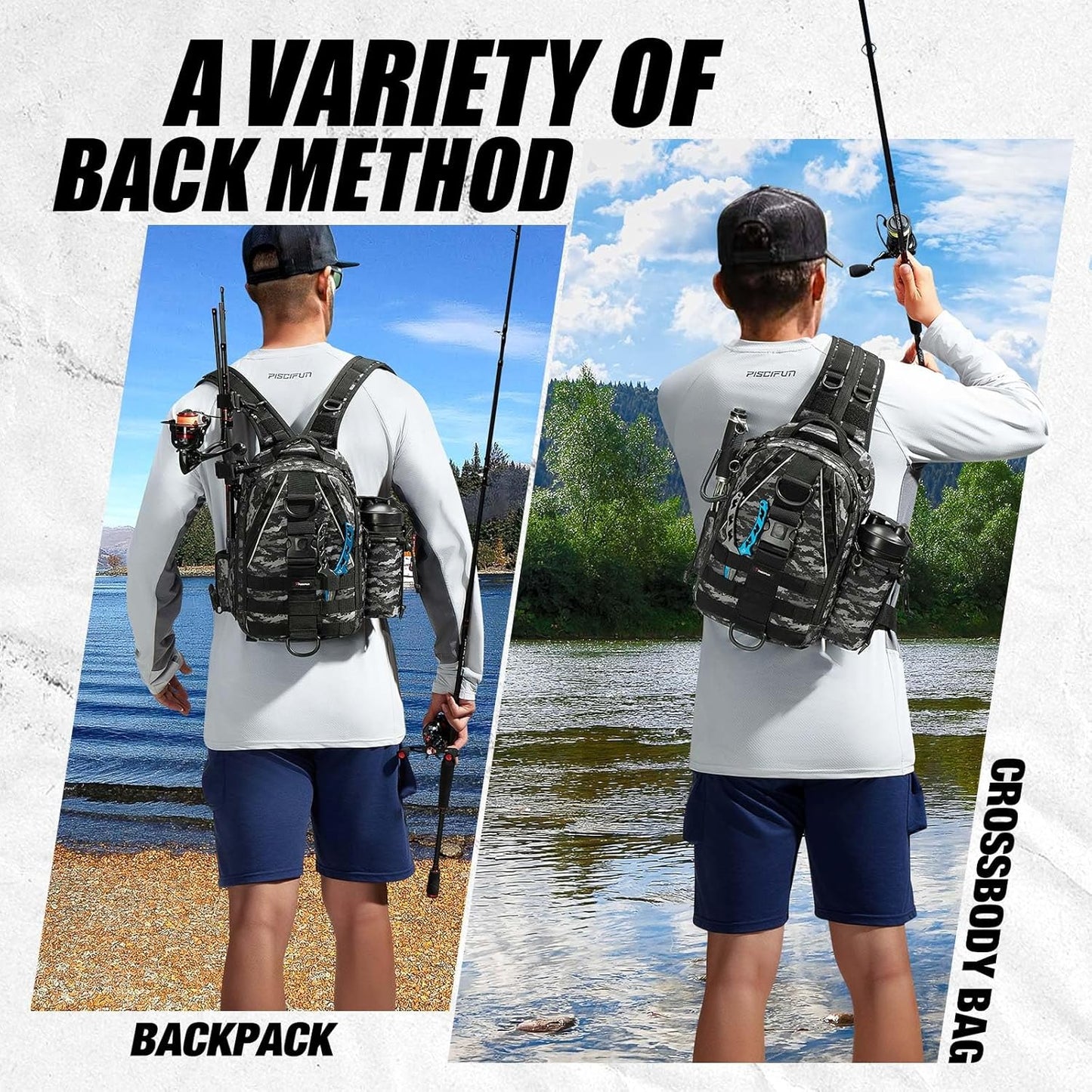 Piscifun Fishing Backpack with Rod Holder, Lightweight Sling Bag Storge Gear and Equipment