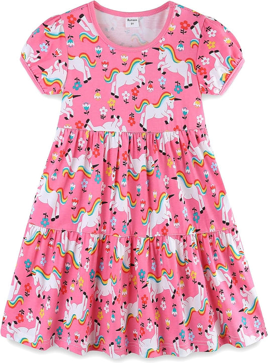 Girls Cotton Dress - Ruffle Sleeve Tiered A-Line Midi Sundress