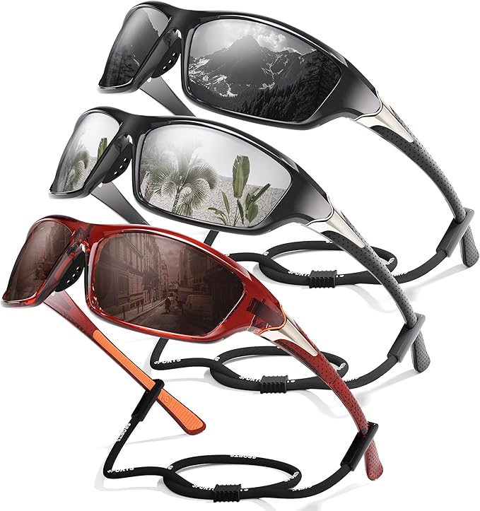 3 Pack Polarized Sports Sunglasses for Men, Mens Sunglasses Wrap Around UV400 Protection for Cycling Fishing Driving