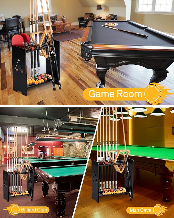 Pool Cue Stick Holder - Floor Stand Billiards Rack Oak Solid Wooden Holds 9 Cues and Pool Table Accessories Organizer