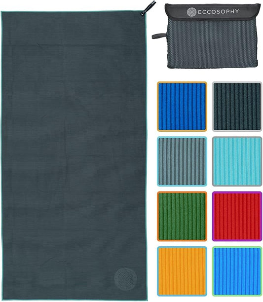 ECCOSOPHY Microfiber Beach Towel – Quick Dry Gym Towel, Highly Absorbent with Ribbed Texture, Lightweight – Ideal for Travel, Pool, Yoga, Fitness & Outdoor Adventures – 40x20 Charcoal
