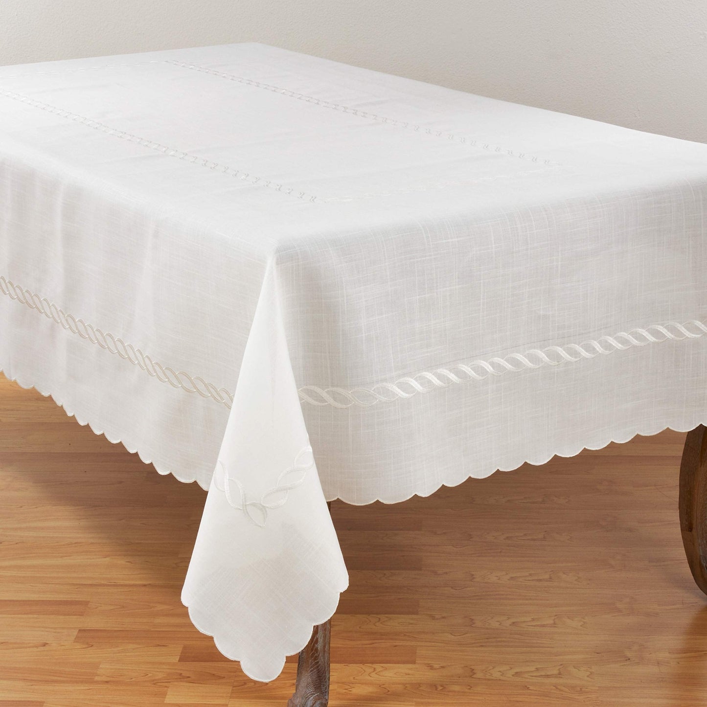 Fennco Styles Abigail Collection Embroidered Braid Pattern Ocean Waves Linen Blend Tablecloth