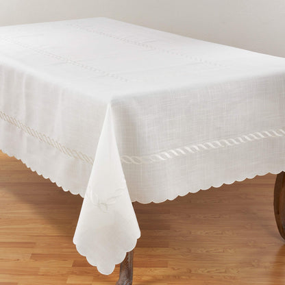 Fennco Styles Abigail Collection Embroidered Braid Pattern Ocean Waves Linen Blend Tablecloth