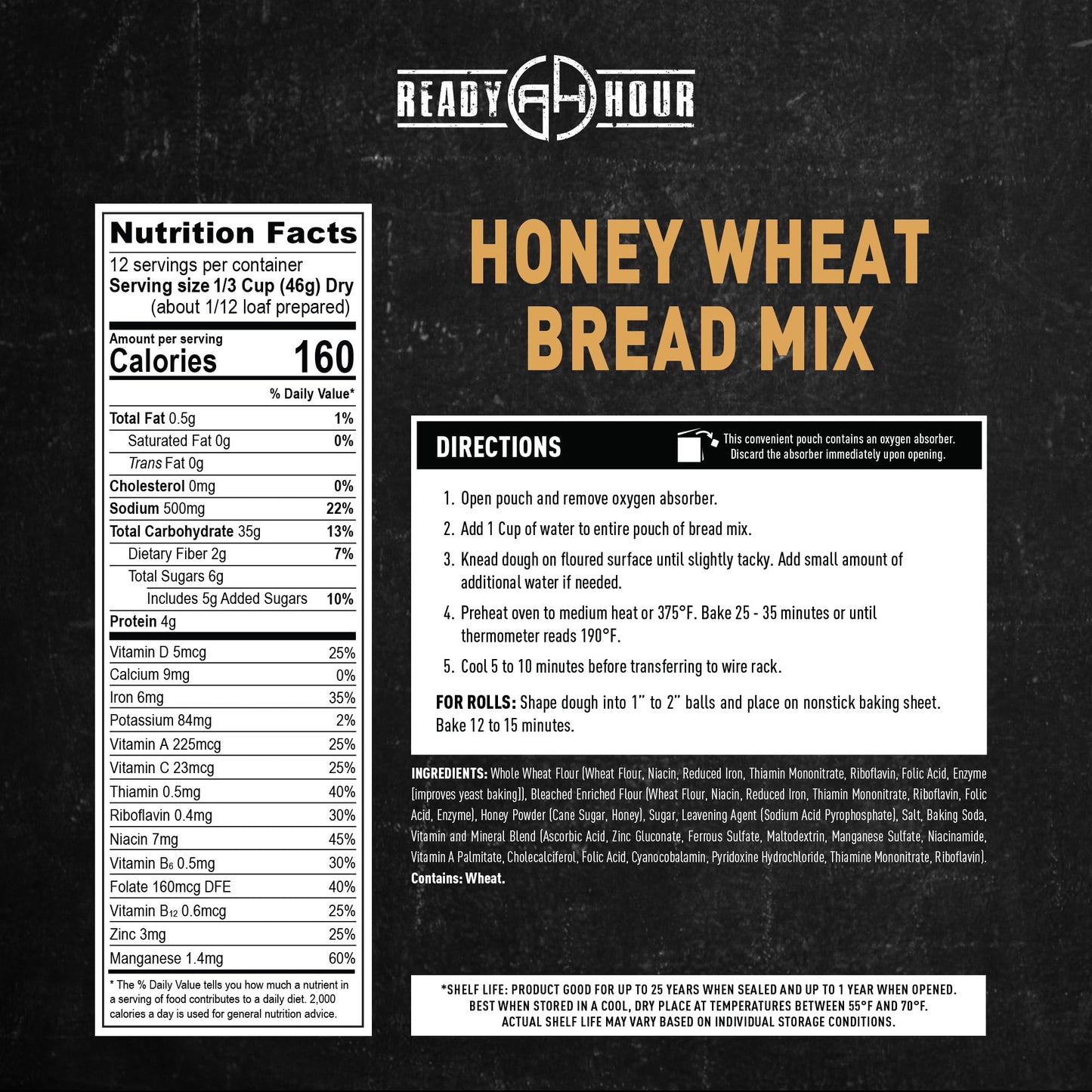 Ready Hour Honey Wheat Bread Mix Case Pack (48 Servings), Freeze-Dried Bread Mix, Honey Wheat Mix, Bulk Baking Mix, Survival Bread Kit, Emergency Baking Supply, Prepper Pantry Essentials, Disaster Food Storage, Long Shelf Life Food