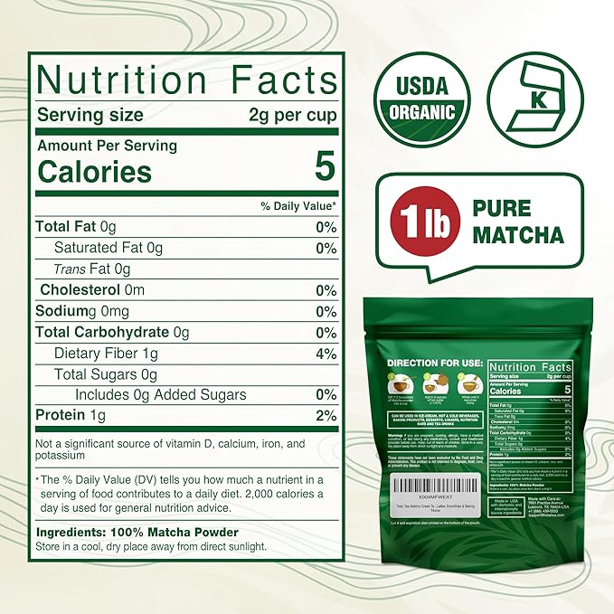 Organic Matcha Green Tea Powder (1lb) – Certified USDA Organic Powder for Matcha Latte, Tea, and Smoothies – Kosher, Non-Gmo, Antioxidant Rich by Total Tea