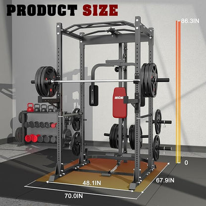 BEKING Power Cage, 2000LBS Power Squat Rack with LAT Pulldown, 2.36" ×2.36" Multi-Functional Squat Cage with Pulley System and More Training Attachments for Home Gym