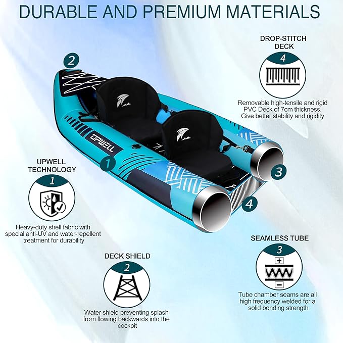UPWELL 13'6”/11' Inflatable Recreational Kayak - 2 Person with Drop Stitch Floor and Accessories Including Kayak Seats with High Back Support, Paddle, Fin, Repair Kits, Carry Bag and Hand Pump