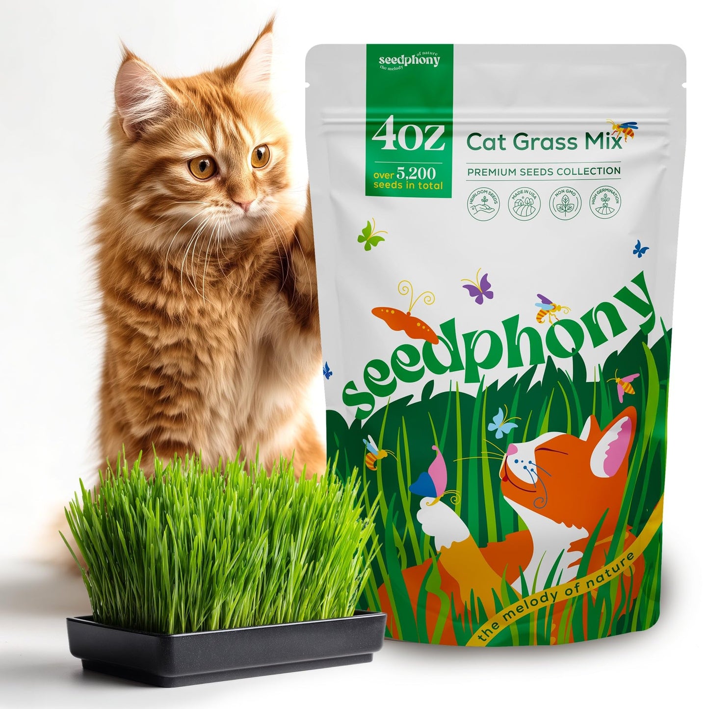 Cat Grass Seed Mix – 4 oz Pack with 5,200 Non-GMO Heirloom Seeds for Cats, Barley, Oat, Rye & Wheatgrass for Indoor Growing, Fresh Pet Grass for Digestion & Hairball Control