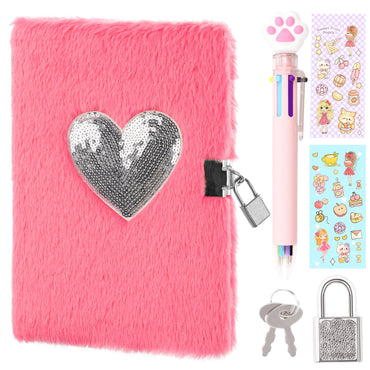 Girls Heart Diary with Lock and Keys - Cute Plush Secret Journal Notebook Gift Ages 6-8