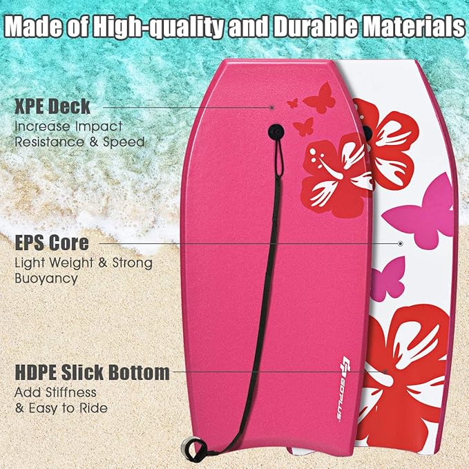 Goplus 41''/37''/33'' Lightweight Body Board for Beach, Surf Board with EPS Core, XPE Deck, HDPE Slick Bottom, Wrist Leash, Bodyboard for Kids Adults Surfing