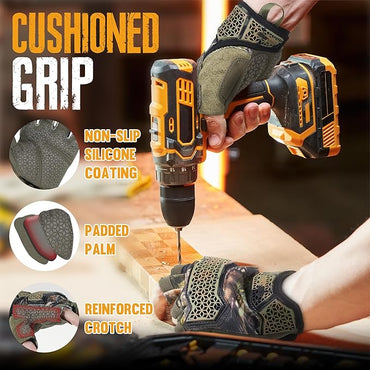 HANDLANDY Fingerless Work Gloves for Men, Padded Impact Tactical Mechanics Gloves, Grip Utility Trucker Driver Gloves (Camo- impact, Medium (Pack of 1))