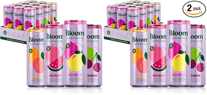 Bloom Nutrition Sparkling Energy Drink - Variety Pack - Natural Caffeine, Zero Sugar, 180mg Caffeine - Antioxidant-Rich with Green Coffee Bean, Green Tea Extract, Prebiotics - 12oz 24 Pack