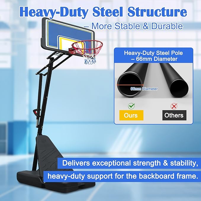 Portable Basketball Hoop with Stable Base, Basketball Hoop Goal System for Teens Adults, Heavy-Duty Steel, Adjustable Height, Easy to Move, Outdoor & Indoor Use