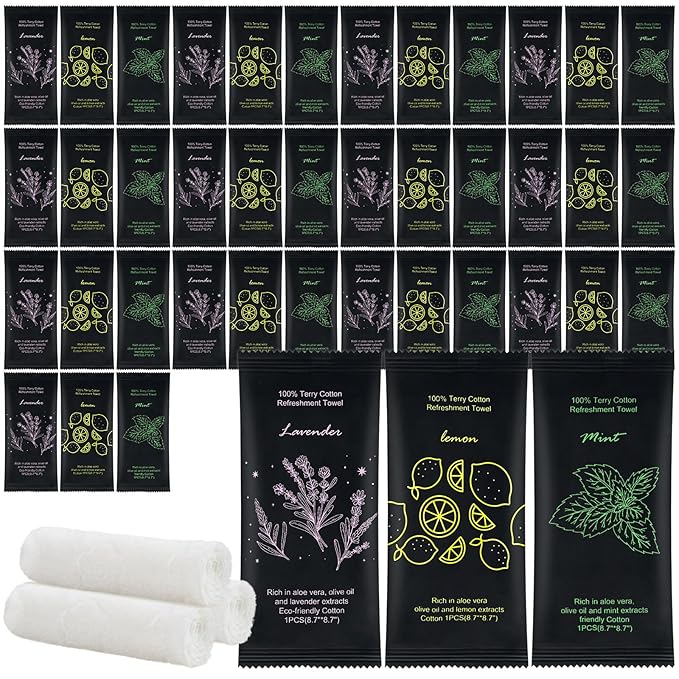 Moist Cotton Towel Bulk Moist Towelettes Individually Wrapped 8.7" x 8.7",White Towel Services,Refreshment Pre Moistened Towels Lavender, Lemon and Mint for Sport Party Spa （pack of 150)