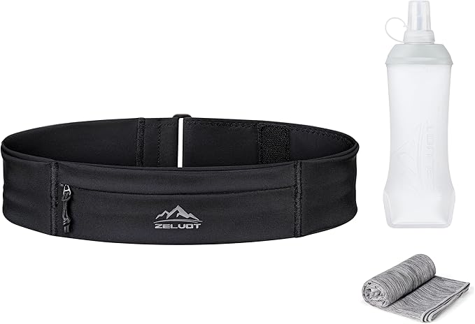 Running Belt with 400ml Soft Flask, Extension Strap & Phone Holder, Adjustable Running Fanny Pack with Gym Towel, Waterproof Belt Bag for Women Men for Jogging Hiking Marathon