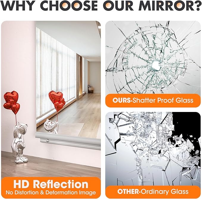 Hasipu Home Gym Mirror 48" L x 24" W - 2PCS Large Full Body Mirror for Yoga, Wall-Mounted Mirrors for Fitness, Garage, Dance Studio, 0.16in Tempered Glass Frameless