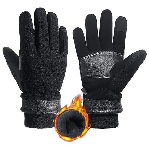 HANDLANDY Winter Gloves for Men Women, Thermal Gloves for Cold Weather Driving Cycling Ski Outdoor, Insulated Leather Work Gloves (Small, Black)