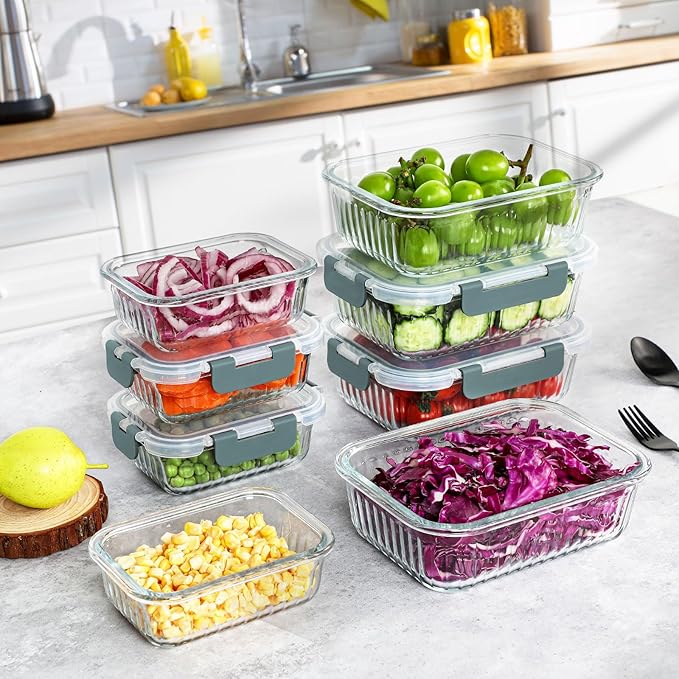 10 Packs Glass Meal Prep Containers with Lids, Glass Food Storage Containers Set, Airtight Lunch Containers, Microwave, Oven, Freezer and Dishwasher Safe, Gray