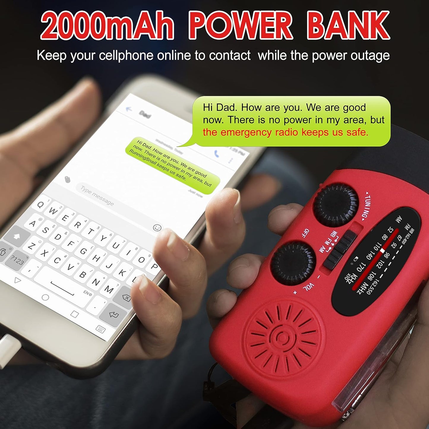 [Upgraded Version] Emergency Hand Crank Self Powered AM/FM NOAA Solar Weather Radio with LED Flashlight, 1000mAh/4000mAh Power Bank for iPhone/Smart Phone
