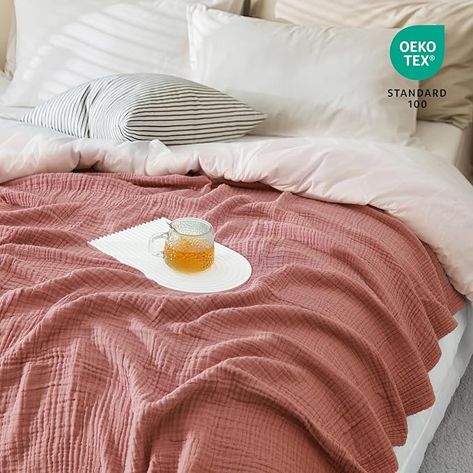 Carriediosa 100% Cotton Muslin Throw Blanket 90" X 90" Queen Size，4-Layers Summer Gauze Throws for Bed Couch，Soft Lightweight Breathable Linen Blankets Bedspread for Adults All Season，Mauve