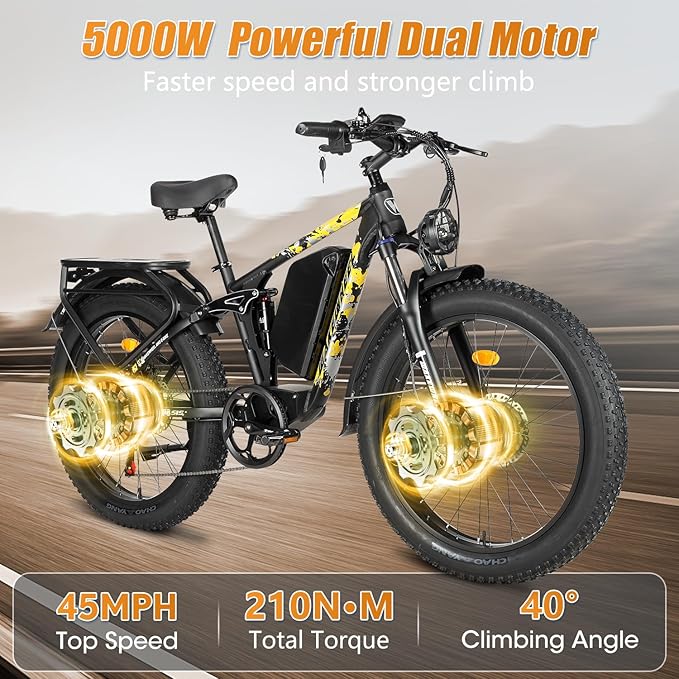 60V 26Ah Electric Bike for Adults 5000W, 60V Battery Ebike, 26"X4"Fat Tire Long Range Mountain Bike Full Suspension, Hydraulic Brake Electric Bicycle